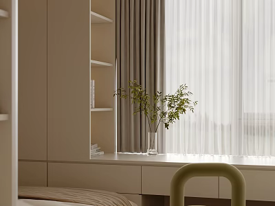 Cozy Kids Room Interior With Beige Cabinets Bookshelves Window White Curtains And Green Plants 3d model