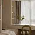 Cozy Kids Room Interior With Beige Cabinets Bookshelves Window White Curtains And Green Plants