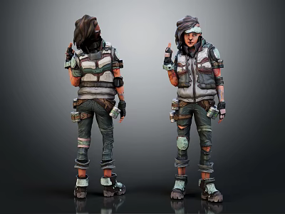 Two 3D Character Models In Torn Armor With Gear From Front And Back Angles 3d model