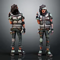 Two 3D Character Models In Torn Armor With Gear From Front And Back Angles