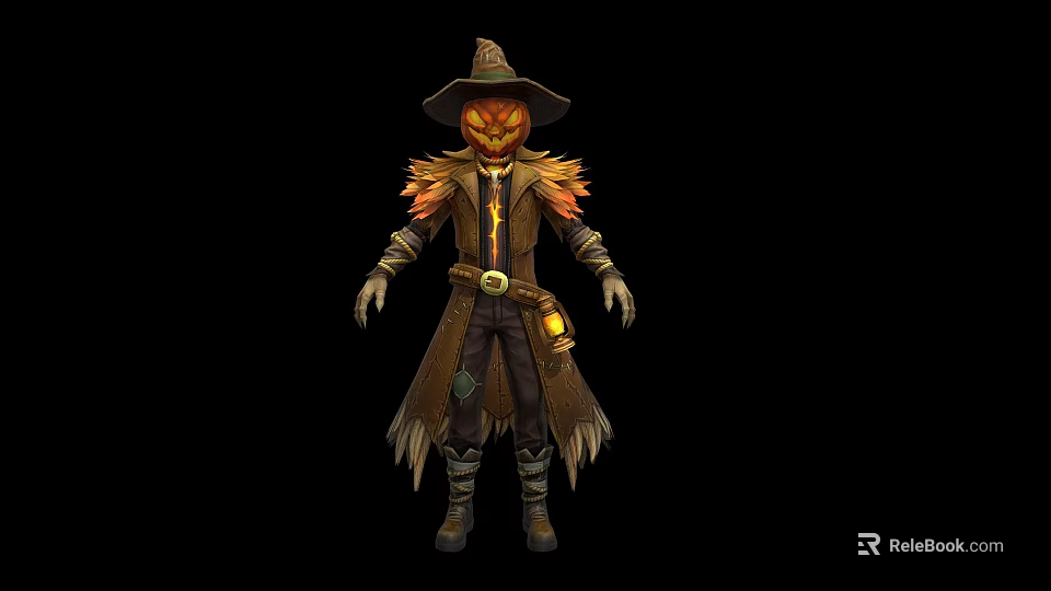 Fantasy Scarecrow Game Movie Character With Pumpkin Head Jack o Lantern Face And Feathered Coat 3d model 