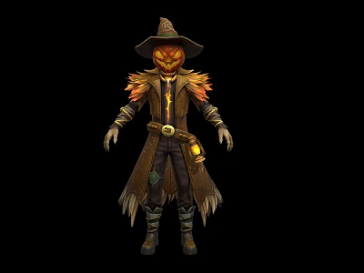 Fantasy Scarecrow Game Movie Character With Pumpkin Head Jack o Lantern Face And Feathered Coat 3d model
