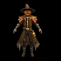 Fantasy Scarecrow Game Movie Character With Pumpkin Head Jack o Lantern Face And Feathered Coat