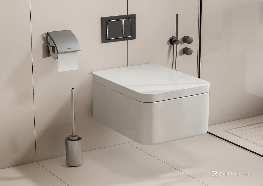 Modern Wall Mounted Toilet With Toilet Brush Paper Holder Flush Panel And Light Tiled Bathroom 3d model 