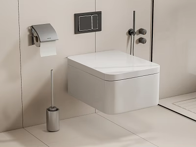 Modern Wall Mounted Toilet With Toilet Brush Paper Holder Flush Panel And Light Tiled Bathroom 3d model