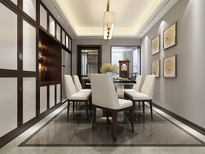 Elegant Modern Dining Room With Round Table White Chairs Pendant Light And Wall Art 3d model