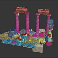 Ancient Architectural Scene Model With Tall Columns Water Pool And Green Plants