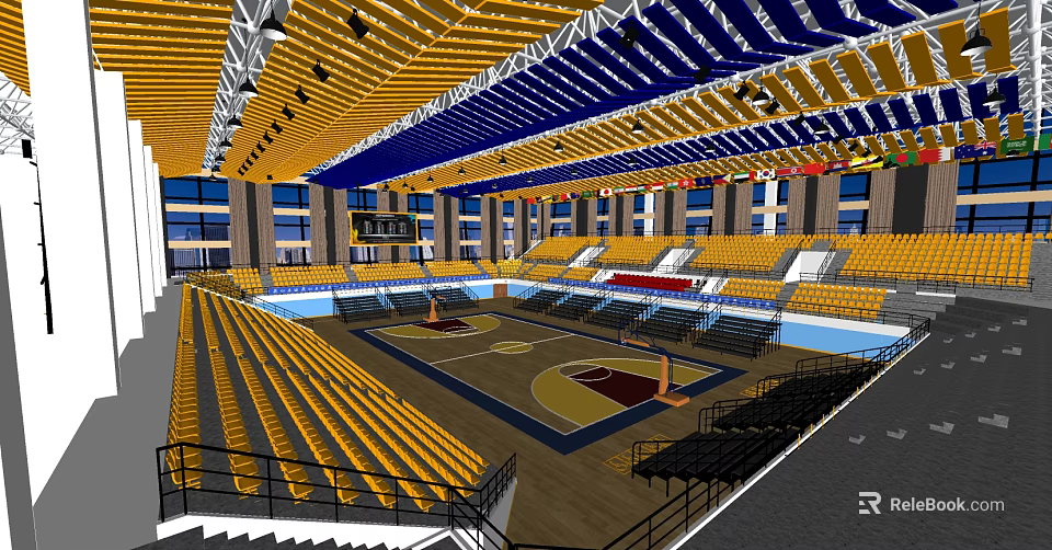 Spacious Modern Basketball Gymnasium With Yellow Seats And Wooden Court Flooring 3d model 