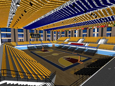 Spacious Modern Basketball Gymnasium With Yellow Seats And Wooden Court Flooring 3d model