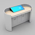 Modern Functional Desk With Wooden Panel White Sides Logo And Blue Display Screen
