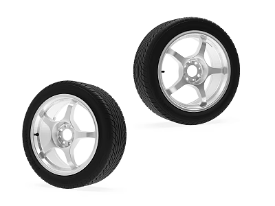 Two Black Tires with Silver Spoke Wheel Rims and Tread Pattern Design 3d model