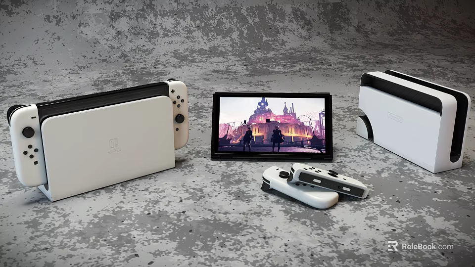 White Portable Entertainment Game Console With Game Display Screen And Wireless Controllers 3d model