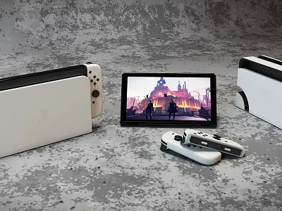 White Portable Entertainment Game Console With Game Display Screen And Wireless Controllers 3d model