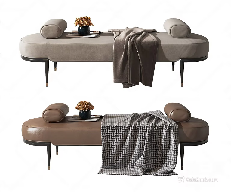 Modern Leather Ottoman with Roll Pillows Blanket and Flower Vase Design 3d model 