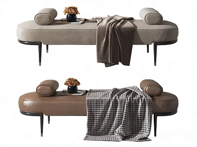 Modern Leather Ottoman with Roll Pillows Blanket and Flower Vase Design 3d model