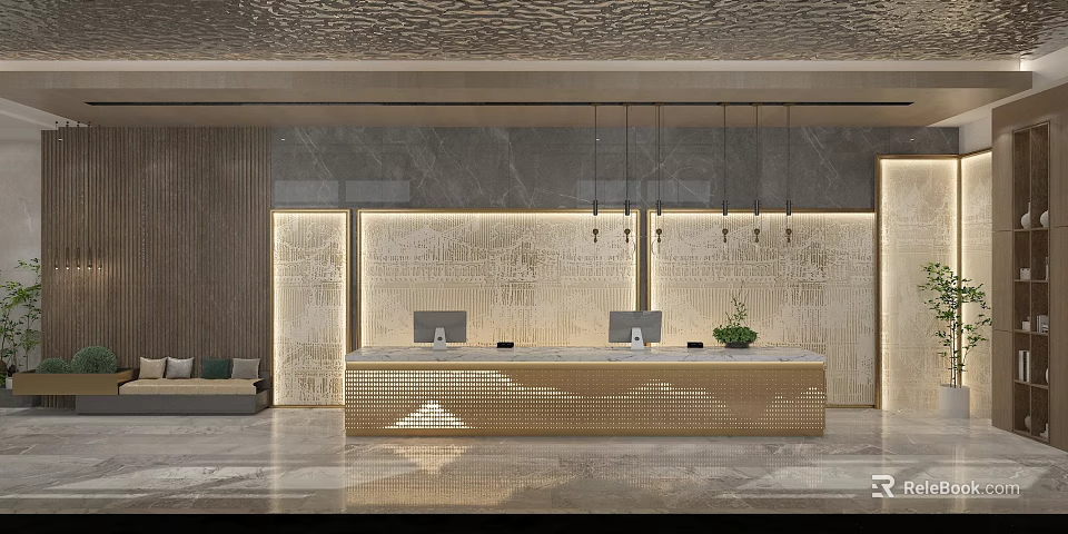 Elegant Front Desk Reception Area With Modern Marble Counter Pendant Lights And Decorative Plant 3d model 