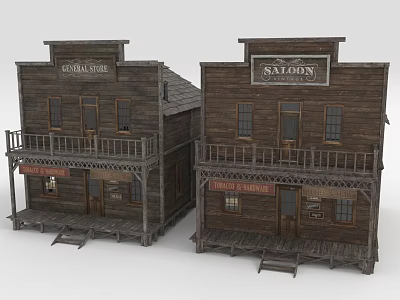 Vintage Western Wooden Buildings General Store and Saloon Two Story Structures With Balconies and Signboards 3d model