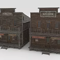 Vintage Western Wooden Buildings General Store and Saloon Two Story Structures With Balconies and Signboards