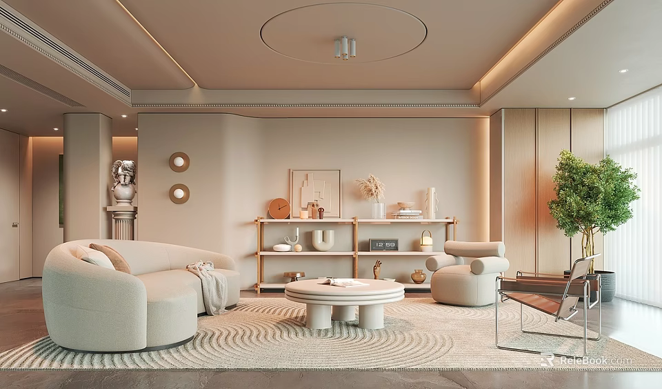 Modern Living Room Interior With Beige Sofa Round Coffee Table And Wooden Shelves 3d model 