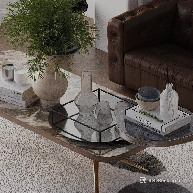 Brown Leather Sofa and Modern Coffee Table Set with Green Plant Vase Books and Decorative Items 3d model 