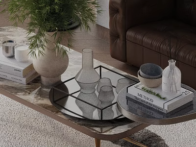 Brown Leather Sofa and Modern Coffee Table Set with Green Plant Vase Books and Decorative Items 3d model