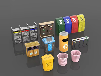 Public Facility Trash Bins Featuring Various Colors Recycling Symbols And Different Designs 3d model