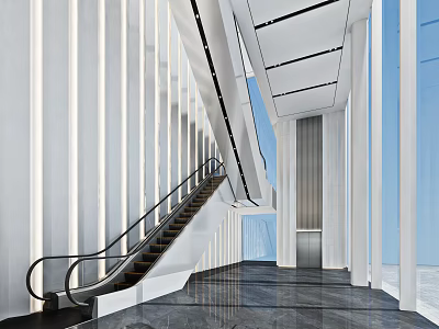 Modern Elevator Lobby Design With Escalator White Walls Black Marble Flooring And Large Windows 3d model