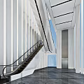 Modern Elevator Lobby Design With Escalator White Walls Black Marble Flooring And Large Windows
