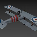 Vintage Biplane Fighter Plane with Red Propeller Red and White Striped Fuselage and Red Wheels