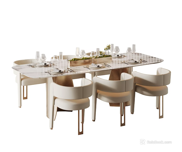 Modern Dining Table Set With Oval Table 6 White Chairs And Decorative Vases 3d model