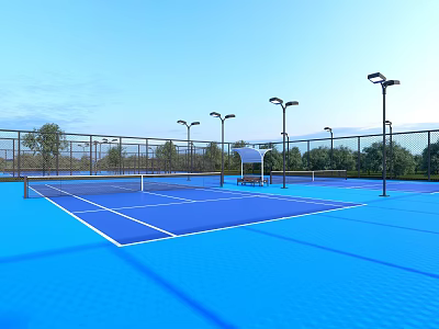Blue Outdoor Basketball Court With Fence Streetlights And Green Trees Under Clear Sky 3d model