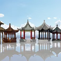 Multiple Chinese Pavilions with Blue Sky White Clouds and Water Reflections 3d model