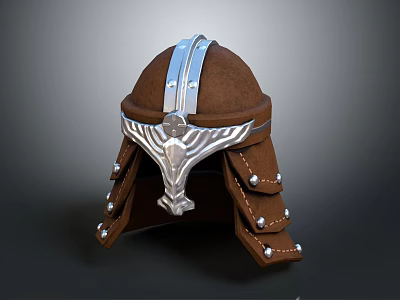 Brown Medieval Helmet Featuring Silver Ornamental Design Metal Strips And Decorative Rivets 3d model