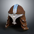 Brown Medieval Helmet Featuring Silver Ornamental Design Metal Strips And Decorative Rivets