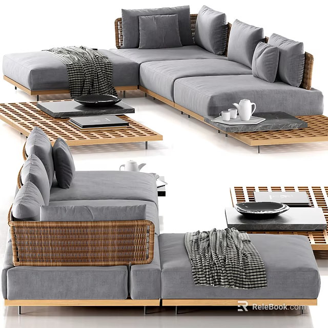Gray L Shaped Sectional Sofa With Wicker Accents Throw Blanket And Coffee Table 3d model