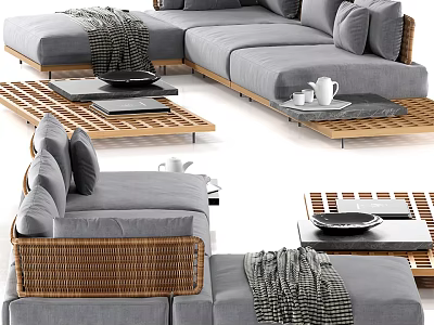 Gray L Shaped Sectional Sofa With Wicker Accents Throw Blanket And Coffee Table 3d model