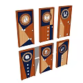 Blue And Brown Swing Doors With Circular Emblems And Geometric Patterns