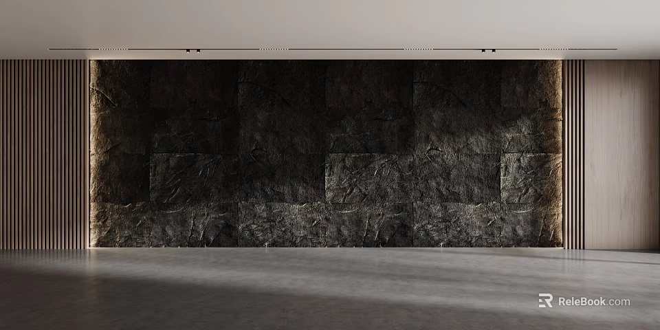 Dark Textured Stone Background Wall Design With Rustic Panels And Natural Interior Texture 3d model