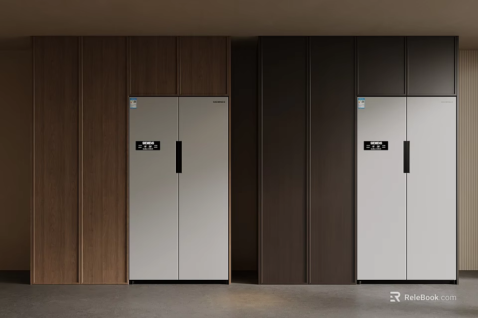 Refrigerator Cabinet In Modern Kitchen With Wooden Panels And Dark Design 3d model 