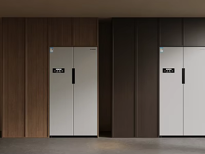 Refrigerator Cabinet In Modern Kitchen With Wooden Panels And Dark Design 3d model