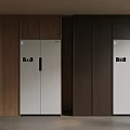 Refrigerator Cabinet In Modern Kitchen With Wooden Panels And Dark Design