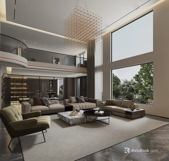 Duplex Living Room Interior Design With Large Windows Greenery View Modern Sofas And Coffee Table 3d model 