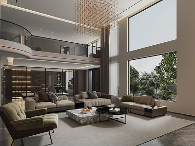 Duplex Living Room Interior Design With Large Windows Greenery View Modern Sofas And Coffee Table 3d model