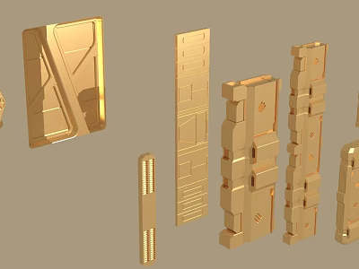 Golden Metal Components With Diverse Shapes Including Bolts And Geometric Blocks 3d model