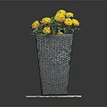Yellow Flowering Plant with Green Leaves in Gray Square Woven Planter on Wooden Plank Base