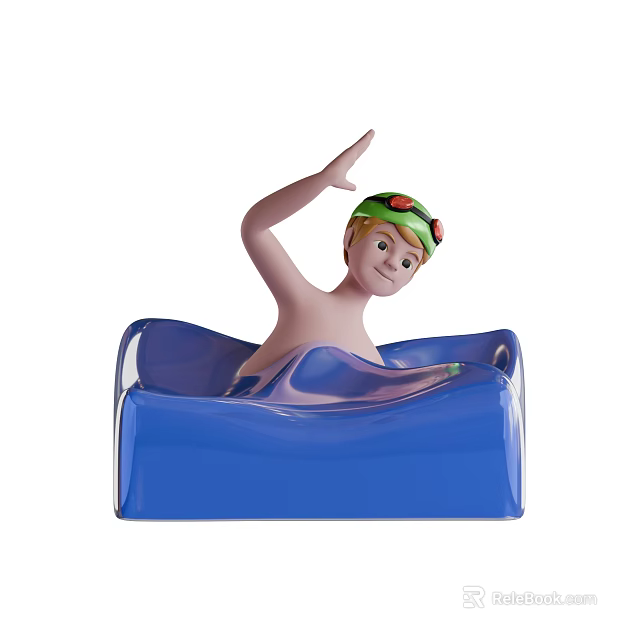 Cartoon Man Wearing Green Swim Cap Waving Hand In Blue Swimming Pool 3d model 