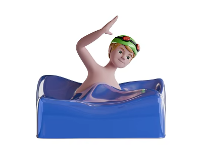 Cartoon Man Wearing Green Swim Cap Waving Hand In Blue Swimming Pool 3d model