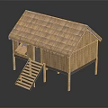 Traditional Wooden Hut with Thatch Roof Bamboo Construction Wooden Staircase and Small Porch