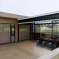 Outdoor Living Space With Black Metal Pergola Table Blue Stools And Plants