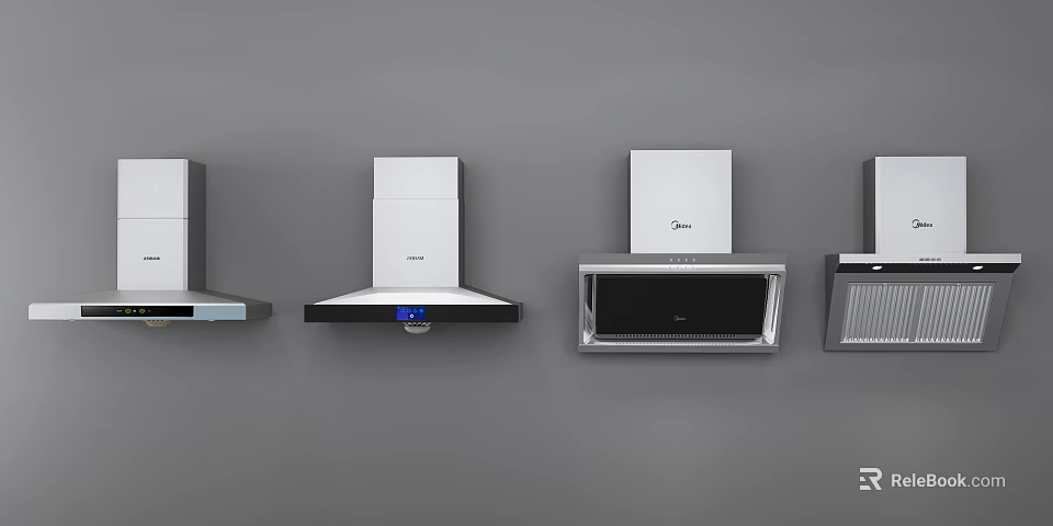 Different Styles Of Kitchen Range Hoods In White And Silver On Gray Wall 3d model 